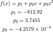 f(x) = p_1 + p_2x + p_3x^2

p_1 = -812.92

p_2 = 3.7455

p_3 = -4.2579 \times 10^{-4}